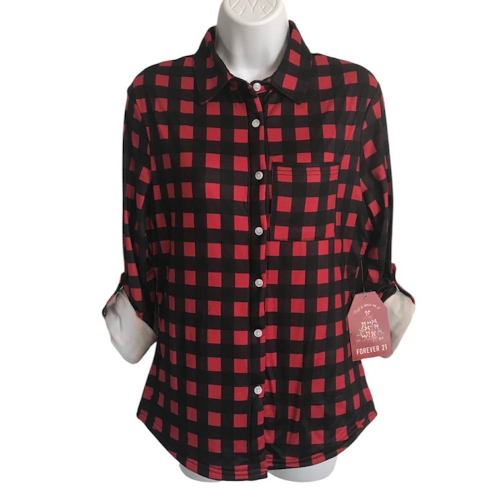 🔴 4/$15 Forever 21 Women’s S Red & Black Plaid Sherpa Lined Button Up Shirt NWT - Picture 4 of 16